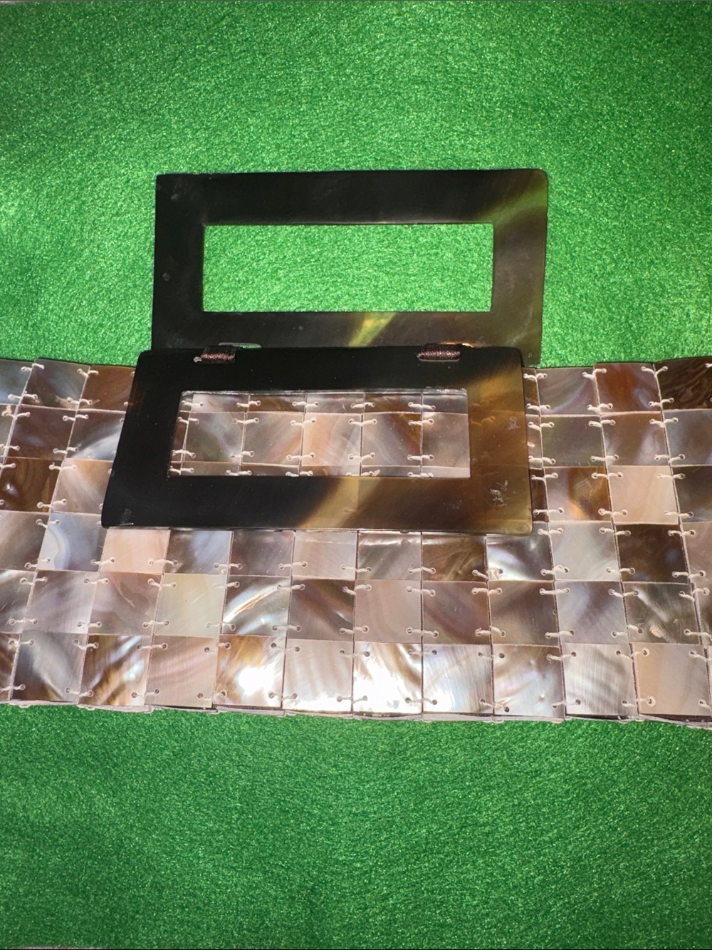 Vintage Abalone/Tortoiseshell Rectangular clutch handbag with Woven Shell Panels